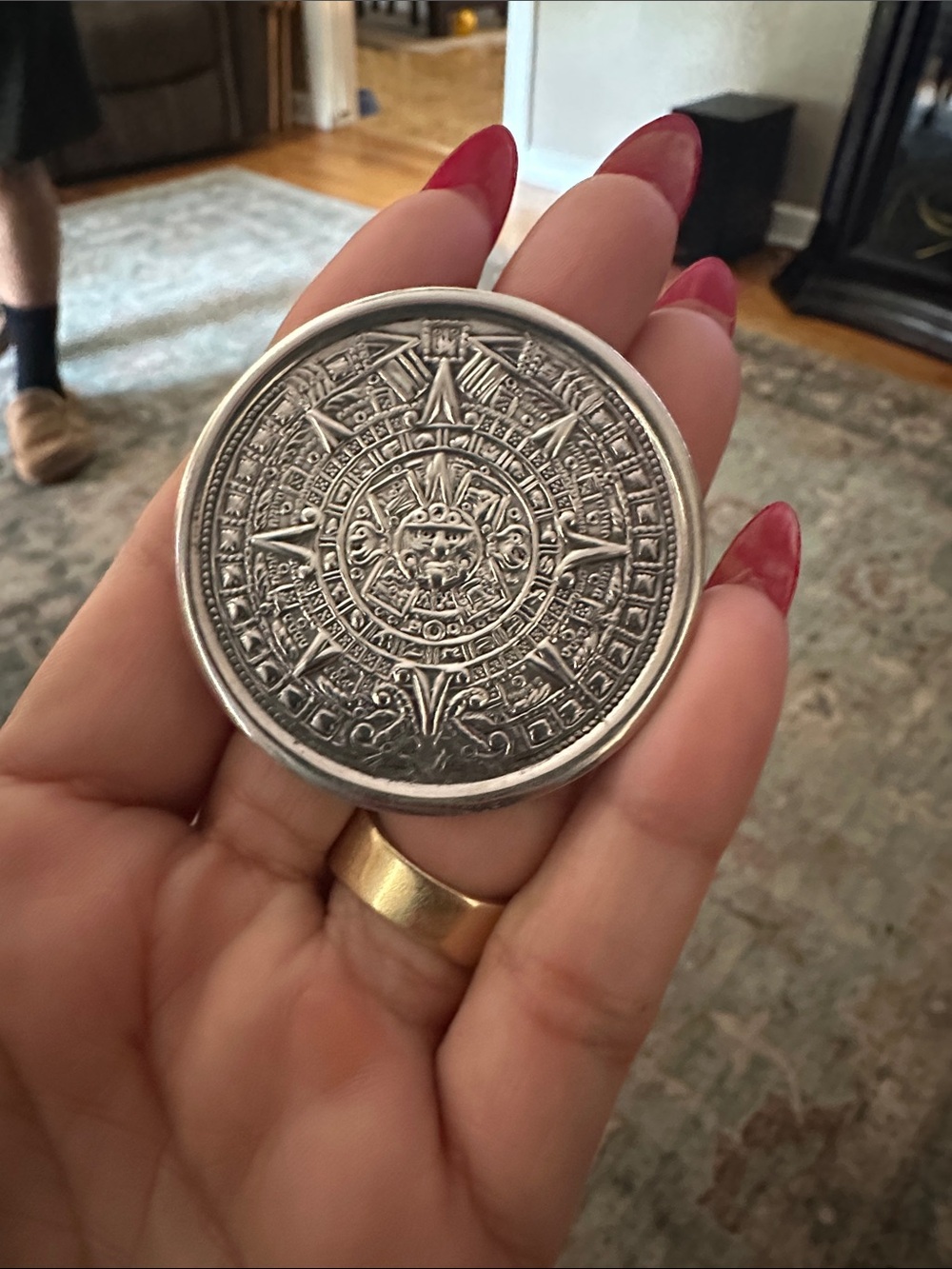 Silver Aztec Calendar Coin Medallion - Decorative Round Token